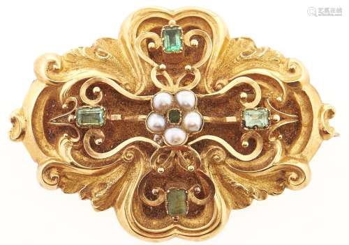 A Victorian emerald and split pearl brooch, in gold, locket ...