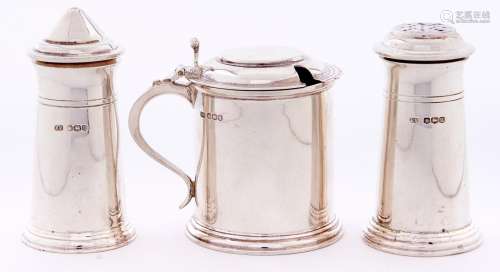 A George V three piece three piece silver condiment set, the...