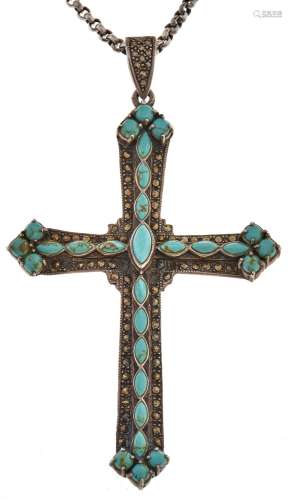 A silver, marcasite and turquoise set cross with marcasite l...