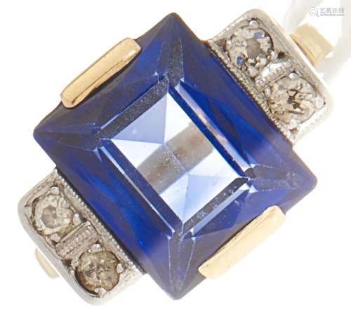 A diamond and synthetic sapphire ring, in gold marked 585, 6...