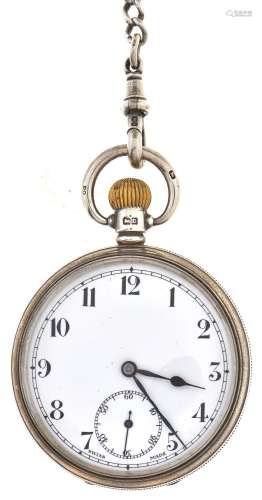 A silver keyless lever watch, with enamel dial, in engine tu...