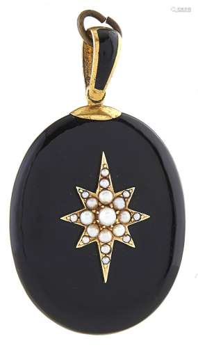 A Victorian split pearl, gold and enamel mourning locket, 13...