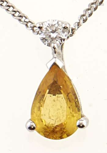 A yellow sapphire and diamond pendant, in white gold, on a w...