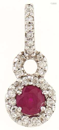 A 14ct white gold, ruby and diamond pendant, 2.4g