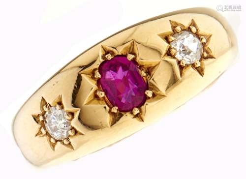 A Victorian three stone ruby and diamond ring, gypsy set in ...