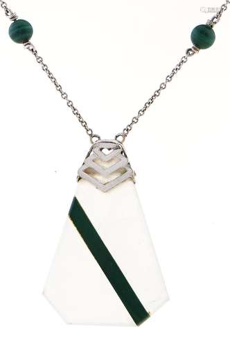An Art Deco jade and malachite necklet, in white gold marked...
