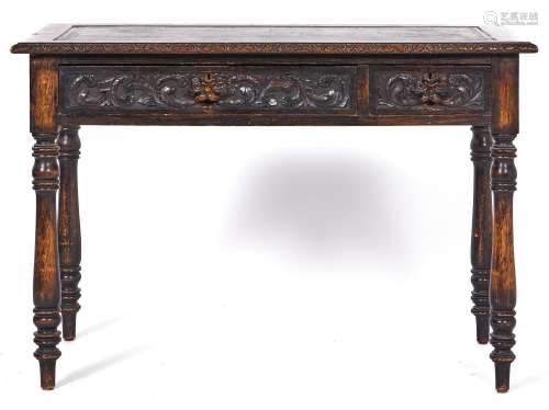 A Victorian oak Jacobean revival two drawer side table, the ...