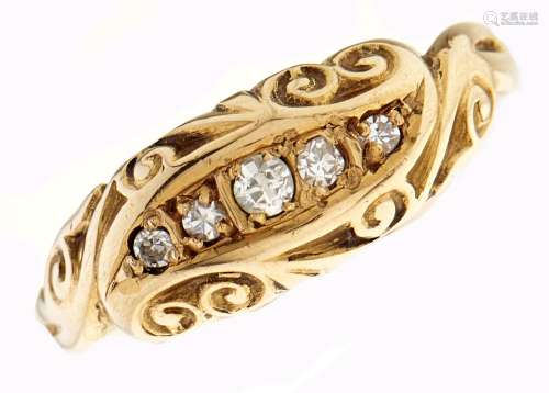 A five stone diamond ring, scroll set in 18ct gold, Birmingh...
