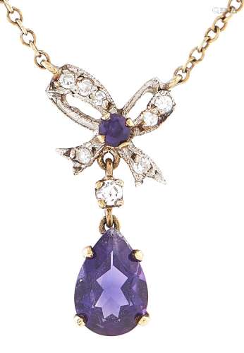 A diamond and amethyst necklace, in gold marked 9ct, 2.7g