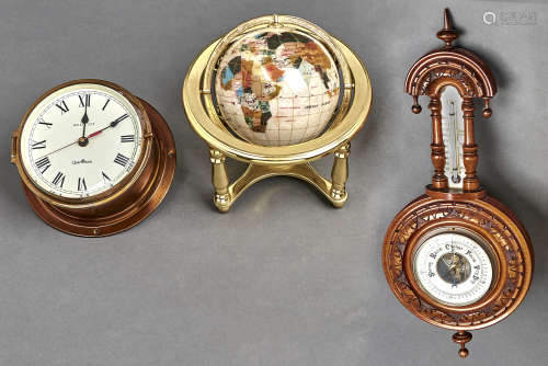 A carved walnut aneroid barometer with enamel dial, 45cm, a ...