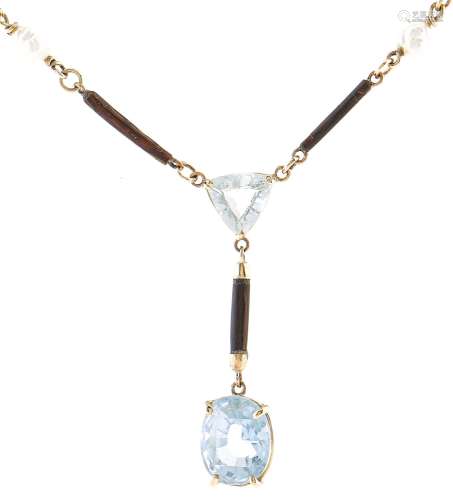 An aquamarine, baroque pearl, horn and 9ct gold necklet, 6.4...