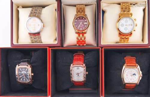 Six gold plated and other fashion watches, boxed Apparently ...