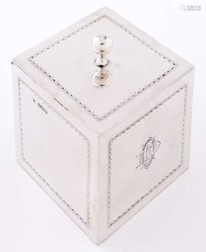 An Edward VII bright cut silver cube tea caddy, with ball fi...