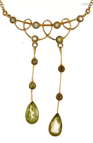 A peridot negligee necklet, in gold marked 15ct, 3.7g
