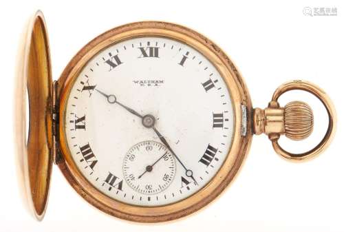 A Waltham gold plated half hunting cased keyless lever watch...