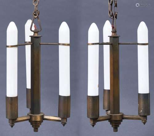 A pair of Art Deco brass hanging lights, c1950, retaining th...