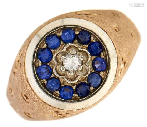 A sapphire and diamond cluster ring, in gold with frosted sh...