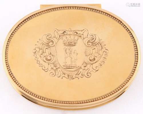 A George II oval gold snuff box, c1720, the lid engraved wit...