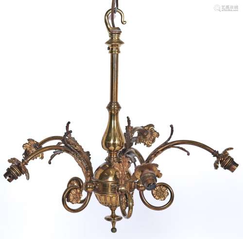 A brass chandelier, early 20th c, of five lights, the balust...