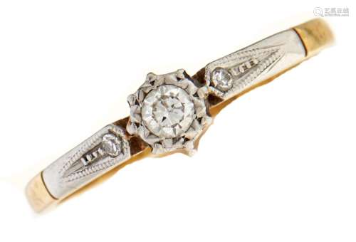 A diamond solitaire ring, illusion set, gold hoop marked 18c...