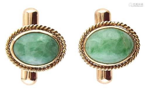 A pair of South East Asian gold and jade cuff links, marked ...