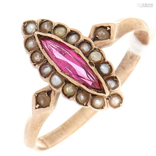 A synthetic ruby and split pearl marquise ring, in gold, 12....