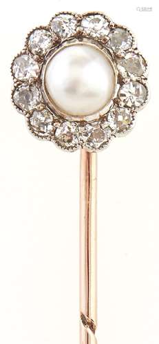 A diamond and pearl set stick pin, in gold, 2.7g, demountabl...