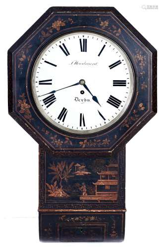 A Victorian japanned drop cased wall timepiece, T Woodward D...