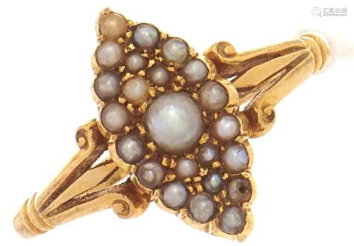 A split pearl marquise cluster ring, in gold marked 18, 3.1g...