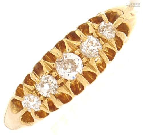 An 18ct gold five stone diamond ring, 3.4g, size o