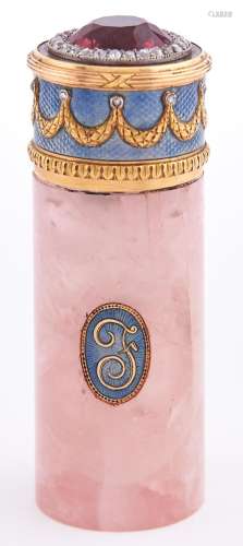 A jewelled gold mounted, guilloche and rose quartz set scent...
