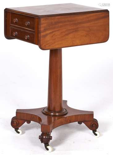 A Victorian mahogany drop leaf work table, fitted with two d...