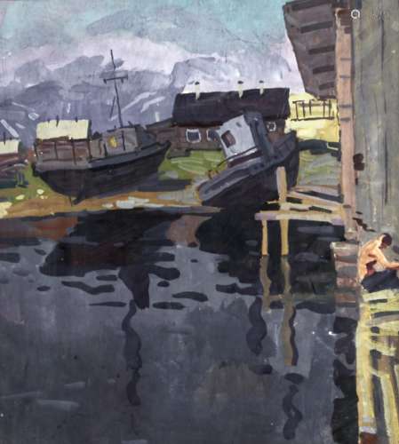 Russian School, 20th c - Boats Moored by a Jetty, oil on boa...