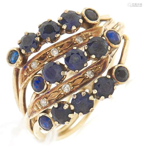 A sapphire and diamond quintuple ring, in gold marked 585, 7...