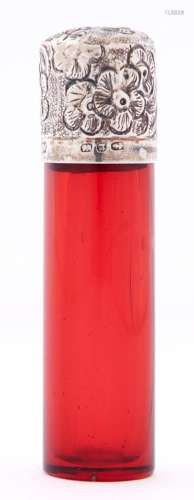 A Victorian silver mounted cylindrical ruby glass scent bott...