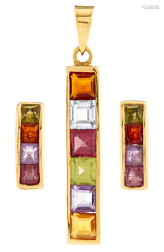 A gem set gold pendant and pair of earrings en suite, in gol...