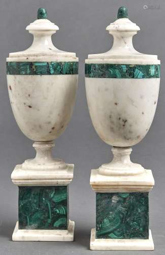 A pair of neo classical style marble and malachite urns, 20t...