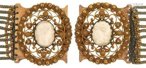 A pair of Victorian cameo, pinchbeck and knitted light blue ...