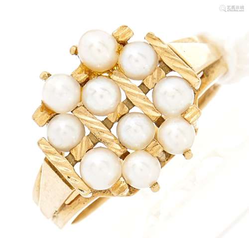 A cultured pearl cluster ring, in gold, foreign control mark...