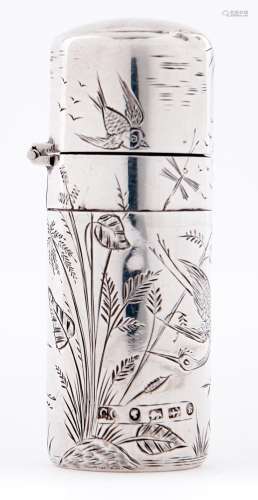 A Victorian aesthetic silver scent bottle, engraved with bir...