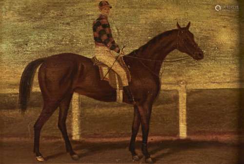 British School - Portrait of a Racehorse with Jockey up, oil...