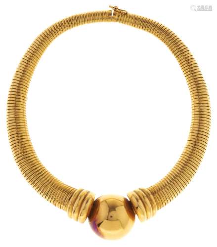 A French gold collar, c1970, with central hemispherical orb,...