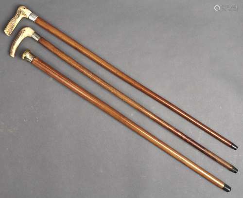 Three Malacca walking canes, late 19th / early 20th c, one w...