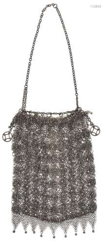 A silver coloured chainmail drawstring evening bag, early 20...