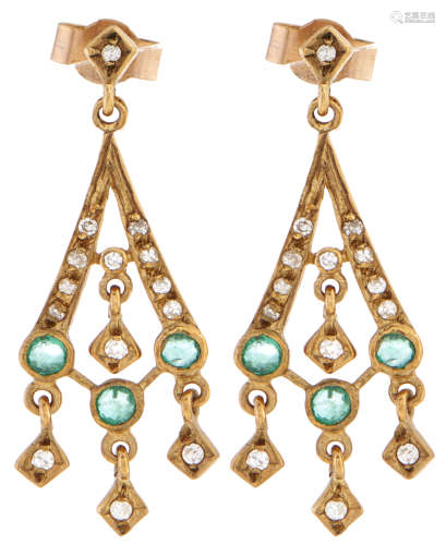A pair of 9ct gold, diamond and emerald earrings, 2.1g