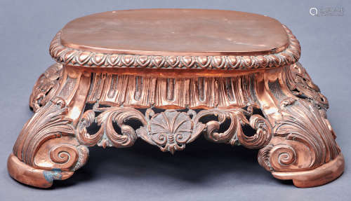 A Continental copper repousse stand, 18th / 19th c, the flat...