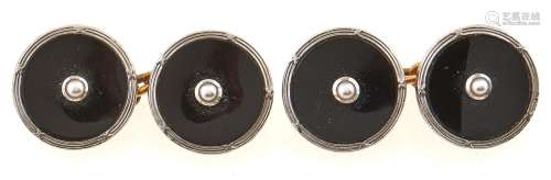 A pair of pearl, black onyx and gold cufflinks, marked 18ct ...