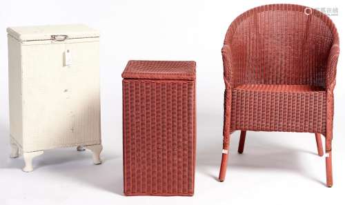 A Lloyd Loom wicker armchair and linen basket, 54cm h, later...