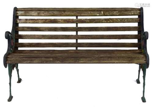 A cast metal garden seat, second half 20th c, slatted seat, ...