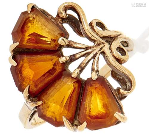 A fan shaped four stone citrine ring, in gold, 3.7g, size, J...